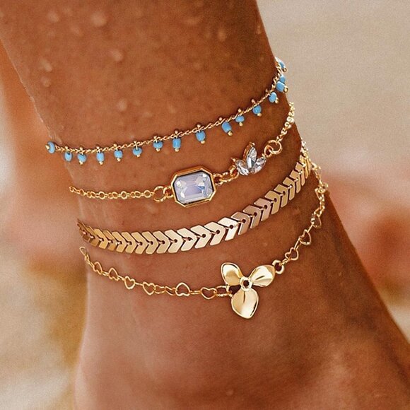 4PCS - ANKLETS Boho Charms and Beaded Layered Gold Dipped Chains Summer Set NEW - Picture 1 of 5